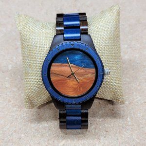 Ebony Wood Men's Watch Blue Brown Wooden Strap Gift for Father Husband Grandpa
